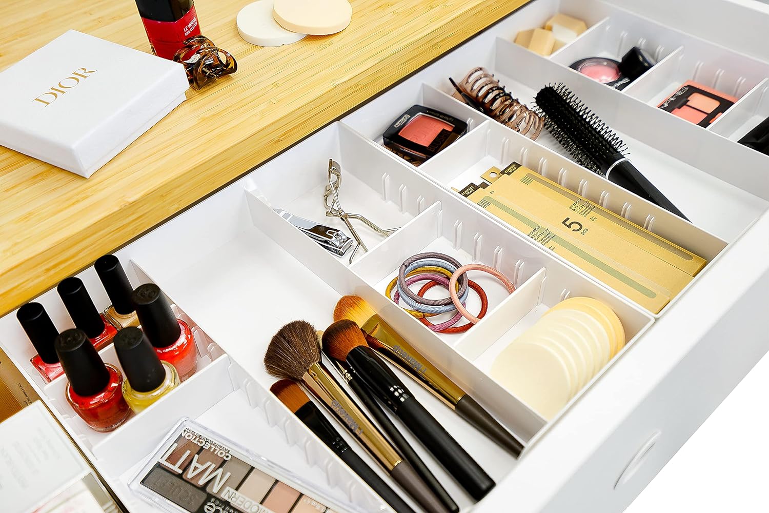 CAXXA 3 Slot Drawer Organizer with 4 Adjustable Dividers - Junk Drawer Storage for Makeup & Vanity, Office Desk Supplies and Accessories (WHITE, 1 PACK) - Image 7